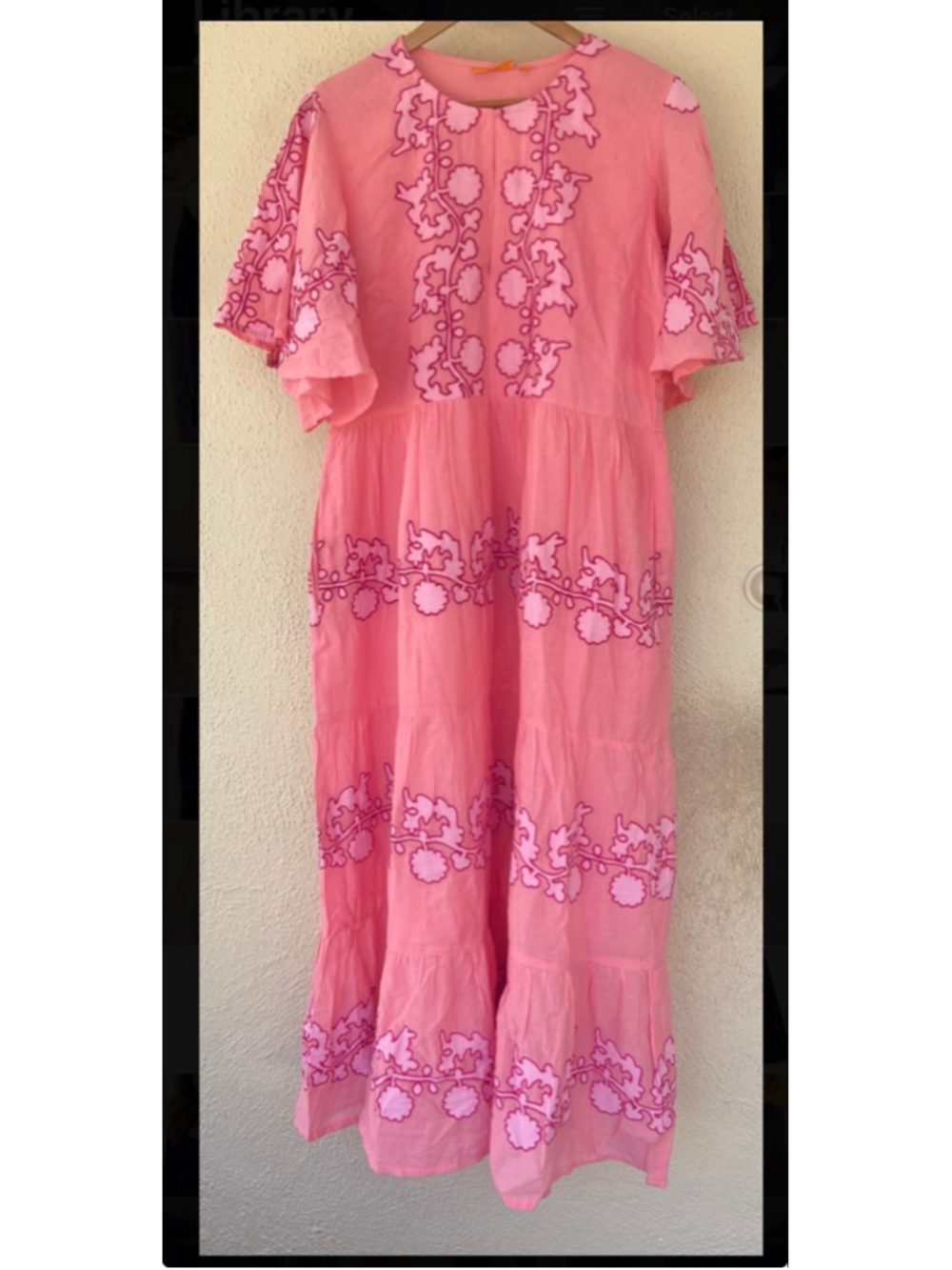 Oliphant Flirty V Neck Maxi Tiered Dress Tangier Pink Flutter Sleeve Embroidery - Picture 8 of 13